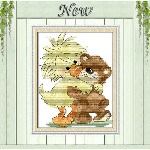 A yellow baby duck and bear cartoon painting counted Printed on canvas DMC 11CT 14CT Cross Stitch Needlework kits embroider Sets