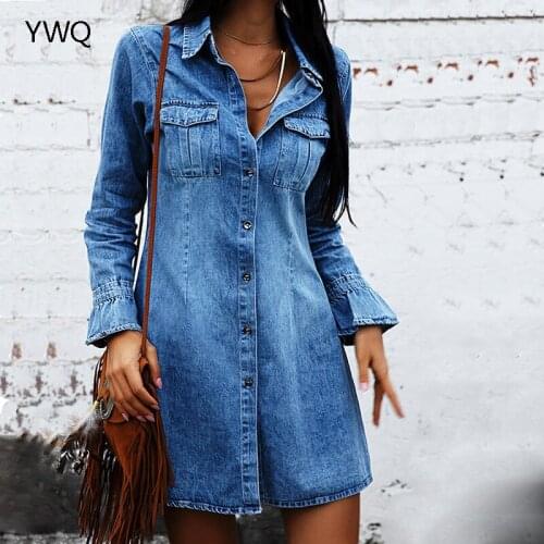 Women Sexy Dress V Neck Long Shirt Dress Lotus Sleeves High Waist Fahion Denim Tight Single Breasted Blue With Packet Mini Dress