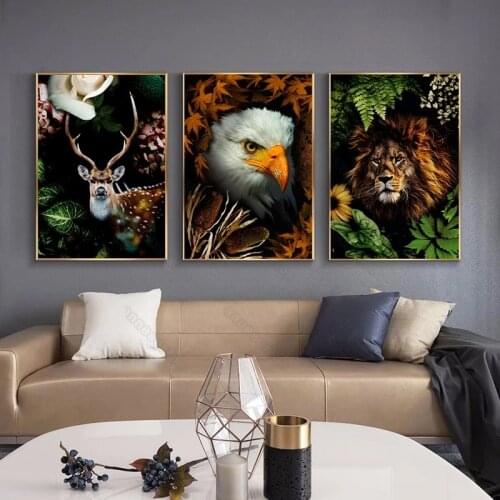 Animals Canvas Painting Poster Print Deer Lion Sea Eagle Green Yellow Leaves for Living Rooms Bedroom Gallery Wall Decoration