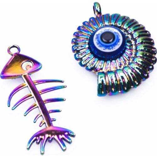 2Pcs/Lot Rainbow Color Alloy Charms For Necklace Conch Fish Bones Pendant For Bracelet Jewelry Earring Components