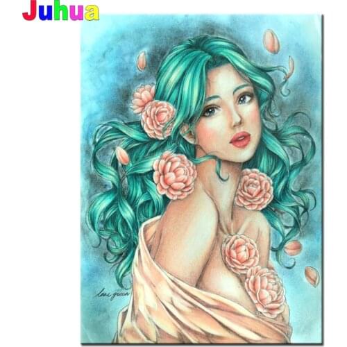 5D DIY Diamond Painting Green hair Woman Cross Stitch Kit Full Diamond Embroidery Mosaic Picture Rhinestone Pretty Sexy Rose Gir
