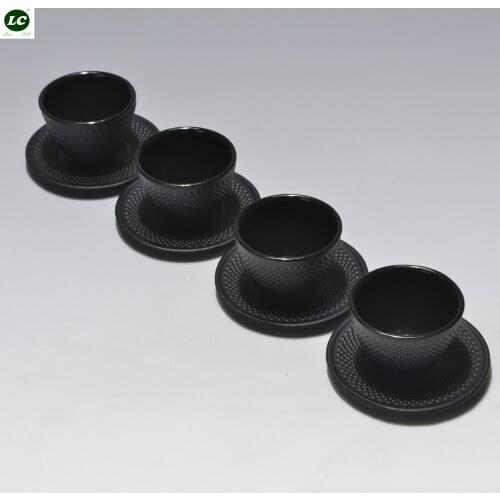 Cast Iron Teacup 4pcs Cup and Dish Set Iron Leisure Drinkware Shiny Black Water Cup Chinese Style Tea Cup