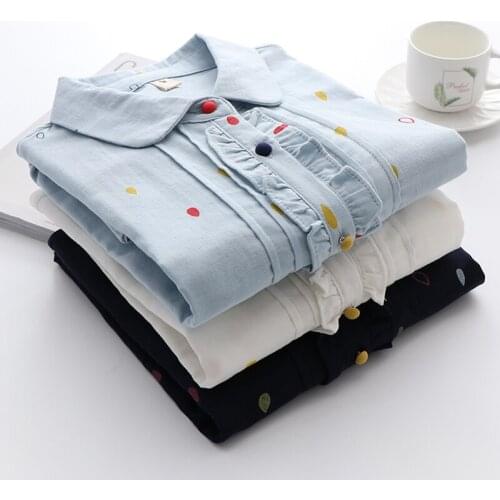 Cotton 100% Japanese Style Women Shirts Summer New 2021 Ruffles Polka Dot Ruffles Loose Elegant Office Lady Outwear Coats Tops