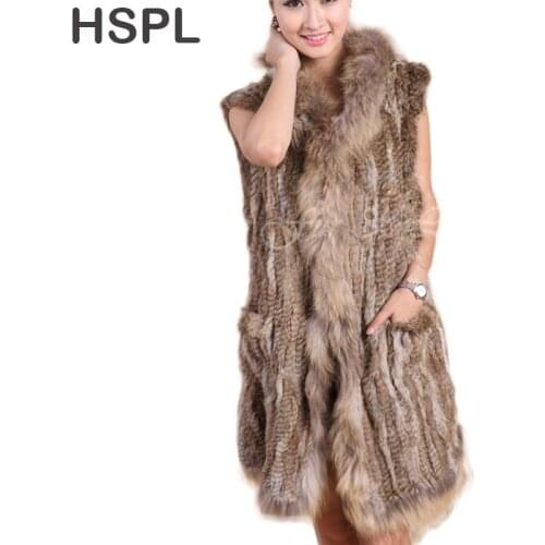 HSPL CDV166 Long Knitted Rabbit Fur Gilet with Raccoon Dog Fur Trim for Spring and Autumn