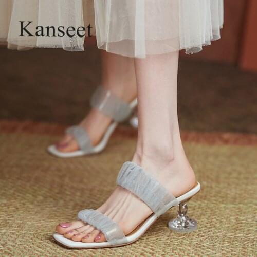 Kanseet Shoes 2021 Summer New Net Yarn Design Square Toe Party Dress Crystal High Heels Women Slippers Woman Shoes Plus Size 43