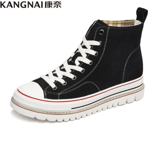 KANGNAI Women Canvas Shoes Winter Flat Platform Lace-Up Casual Sneakers Thick Sole High Top Shoes