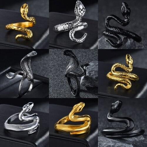 Snake Rings Black Silver Color Metal Punk Open Adjustable Design Animal Exaggerated Finger Ring for Women Men Party Jewelry Gift