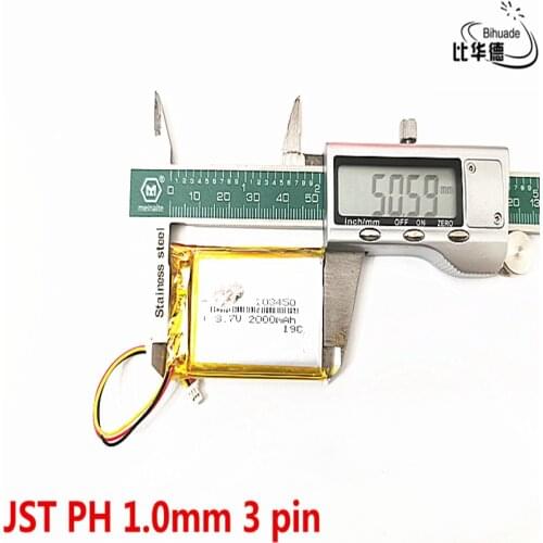 JST PH 1.0mm 3 pin 3.7V lithium battery early 103450 2000mAh headlight GPS navigator general polymer batteries