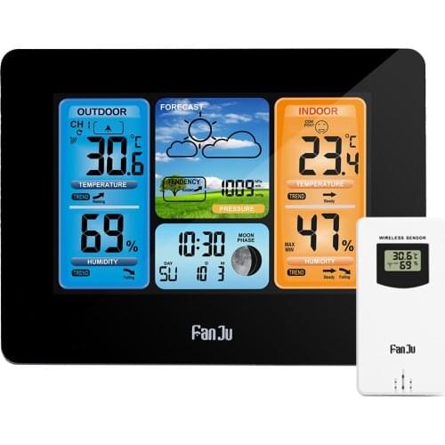 FanJu Weather Station Digital Alarm Clock Indoor Outdoor Thermometer Hygrometer Barometer with Wireless Sensor Moon Phase FJ3373