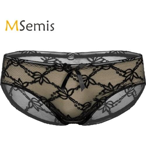 Mens Lingerie See-through Floral Lace Briefs Bowknot Elastic Waistband Sissy Underwear Low Rise Patchwork Undershorts Underpants