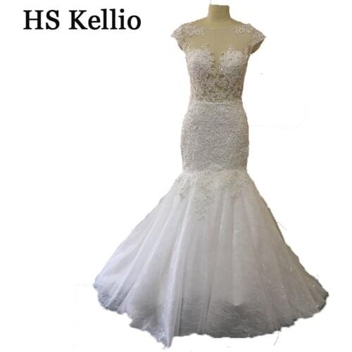 HS kellio Latest Style High Qualirty Lace Appliques Mermaid Wedding Dress With Cap Sleeves HS Kellio