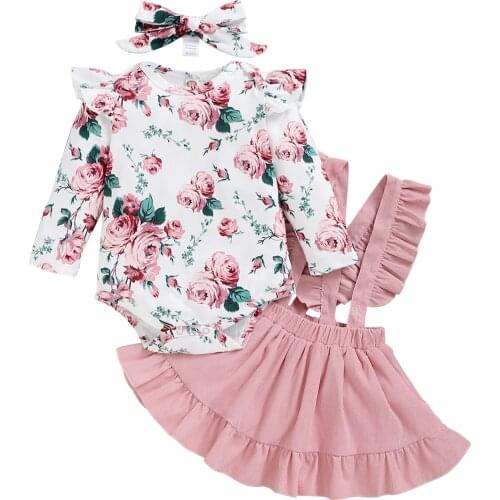 New Girls Casual Three-piece Clothes Set, Long Sleeve Romper, Suspender Skirt and Headdress Set