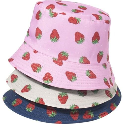 Fashion Strawberry Print Bucket Hat For Women Summer Outdoor Double Side Girls Sun Hat Foldable Female Fisherman Caps