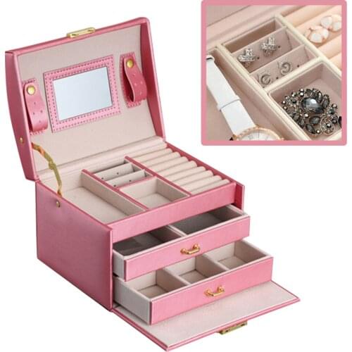 Jewelry Box Organizer PU Leather Drawer Jewellery Boxes Velvet Earring Ring Necklace 3-Layer Jewelry Storage Case