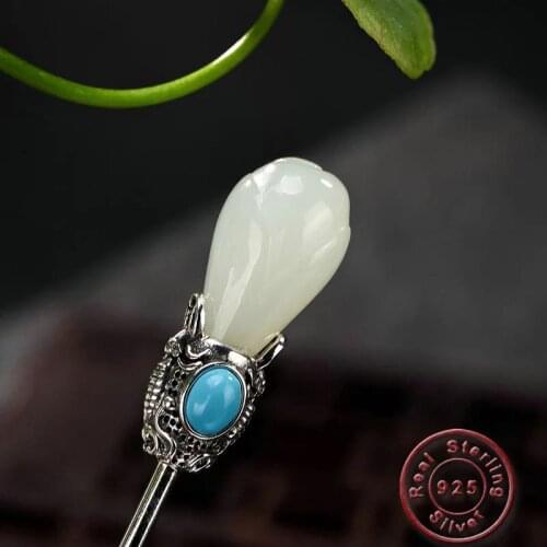 Amxiu Handmade Natural Stone Hair Sticks 925 Sterling Silver Hair Jewelry Vintage Antique Silver Hair Accessories For Women Gift