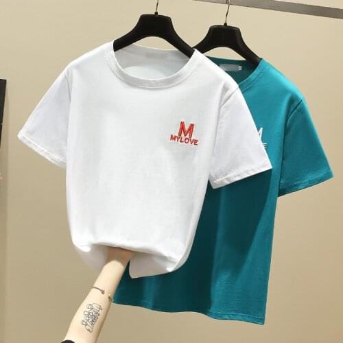 Gkfnmt Summer Cotton Slim Tops Woman T-shirt Embroidery Letter Tee Shirt Short Sleeve Korea Style 2021 Tshirt Women Clothes