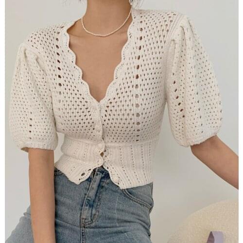 Korea Summer Women V-neck Chic Puff Sleeve Hollow Short Knit Shirt Elegant Ladies Short Sleeve Buttons knitting Sexy Casual Tops