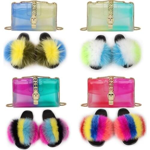 Womens Fashion Fox Fur Slippers Ladies Furry Slides Female Fluffy Sandals Girls Transparent Colorful Jelly Bags And Shoes Sets