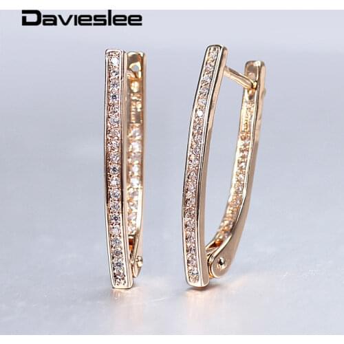 Davieslee 585 Rose Gold Hoop Earrings V Shaped Long Clear Cubic Zircon Dangle Huggie Earrings for Women Girls Jewelry DGE296