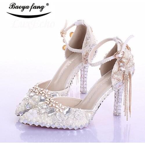Womens Wedding Shoes Fashion Sandals Woman Thin Heel Tassel Crystal Party Dress Shoes Woman High Pumps Ivory Pearl