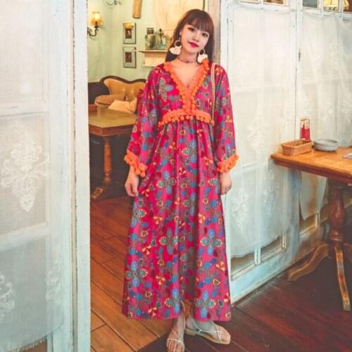 Summer new style womens retro ethnic style printed bobo ball V-neck thin loose mid-length dress Bohemia travel beach dress