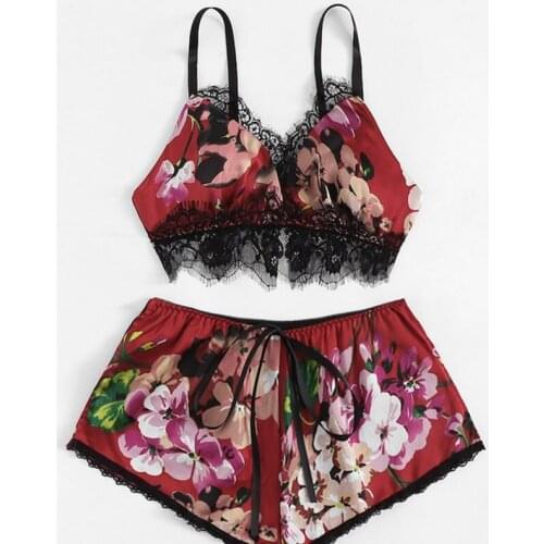 Womens Lingerie Sexy Silk Satin Underwear Nightwear Sexy Top Bra And Shorts Set Sexy Female V-Neck Sleeveless Nightgown