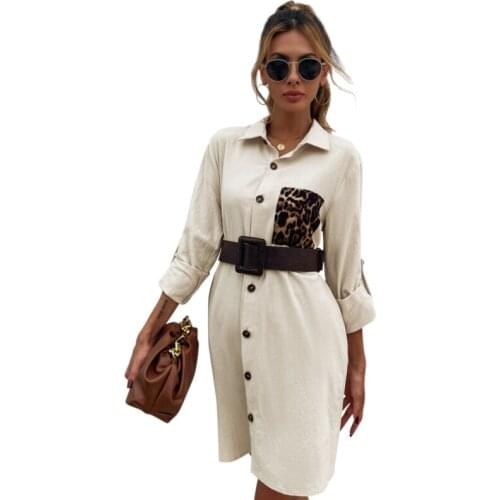 Woman Plain Long Sleeve Shirt Dress Soft Loose Leopard Stitching Clothing Spring Autumn Khaki Elegant Midi Shirt Buttons Tops