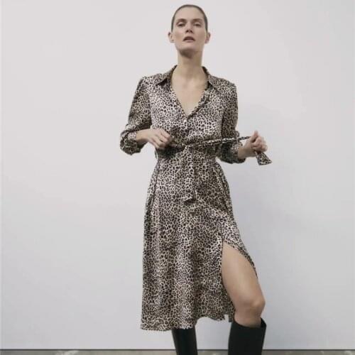 New Long Leopard Print Sexy Dress For Women Long Sleeve Sashes V-neck Causal Dress