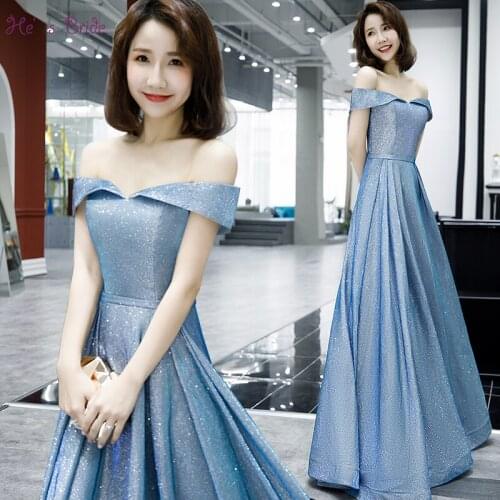 Hes Bride New Gradual Blue Evening Dress Boat Neck Sexy Blet Slim Floor-length Lace Up Back Party Formal Gown Robe De Soiree