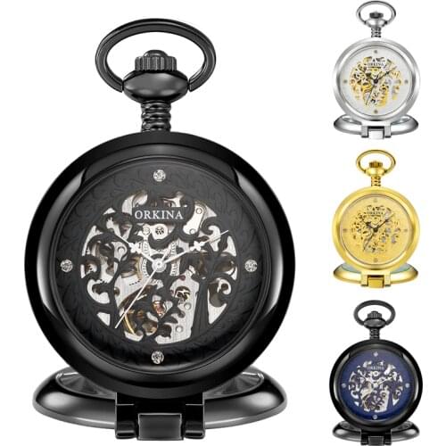 Golden Retro Antique Round Automatic Mechanical Pocket Watch Fob Chain Hand Winding for Men Women