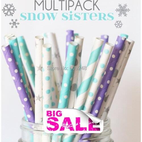 150pcs Mixed Colors SNOW SISTERS Winter Paper Straws for Sale,Light Blue Striped and Lilac Swiss Dot,Silver Star Polka Dot