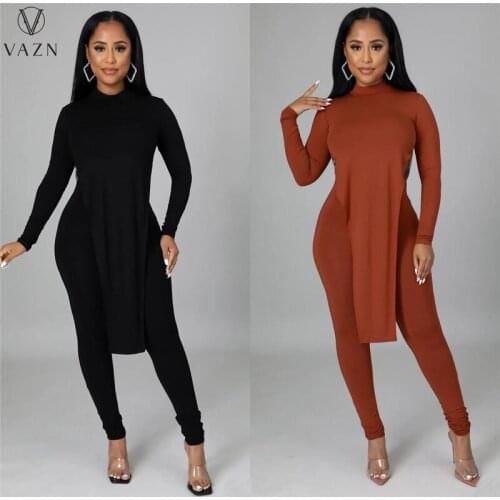 VAZN 2021 Autumn Long Style Solid High Street Sexy Young Full Sleeve High Waist Long Pencil Pants Slim Women 2 Piece Set