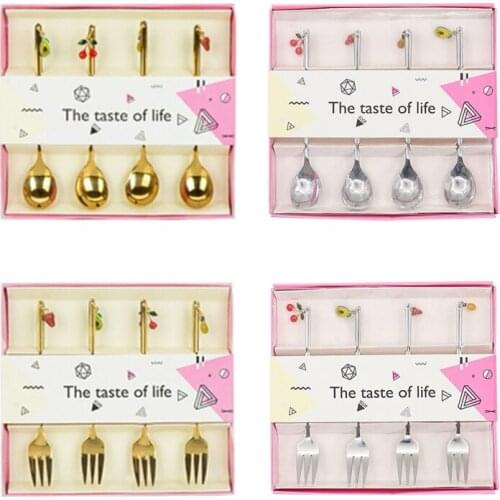 4pcs Stainless Steel Coffee Spoon Dessert Fork with Fruit Pendant Ornaments Teaspoons Mixing Stirrer Kitchen