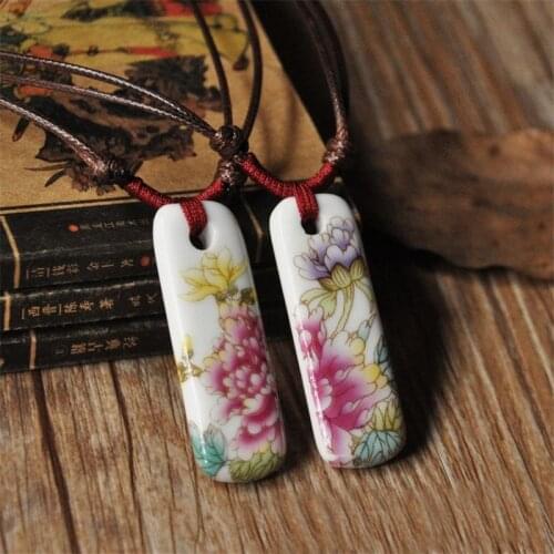 Ethnic Style Unisex Rectangle Ceramic Long Necklace Handmade Porcelain Adjustable Wax Rope Sweater Necklace For Women Men he300