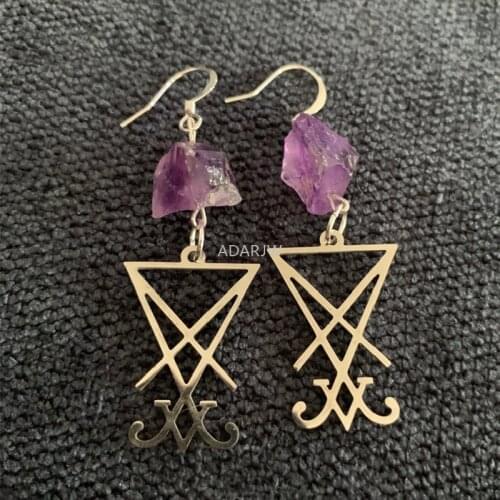 Natural Purple Crystal Raw Stone Lucifer Sigil Symbol Earring Healing Stone Teardrop Witch Creative Gothic Jewellery Women Gift