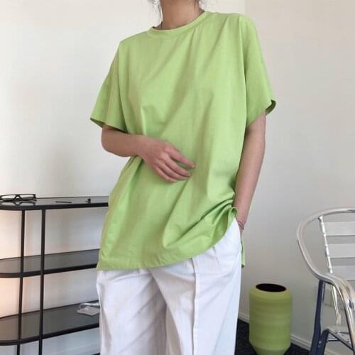 Summer womens casual solid color round neck short-sleeved loose T-shirt