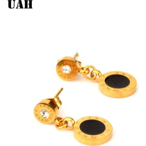 UAH Fashion High Quality Zircon Roman Numeral Stud Earrings for Women Party Titanium Steel Gold Crystal Earrings Jewelry