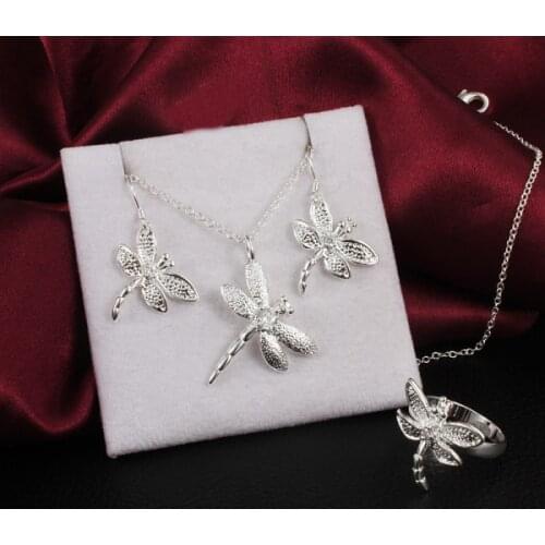 Fashion fine 925 sterling Silver women Crystal dragonfly pendant necklace earring ring Jewelry set Party wedding Christmas gifts