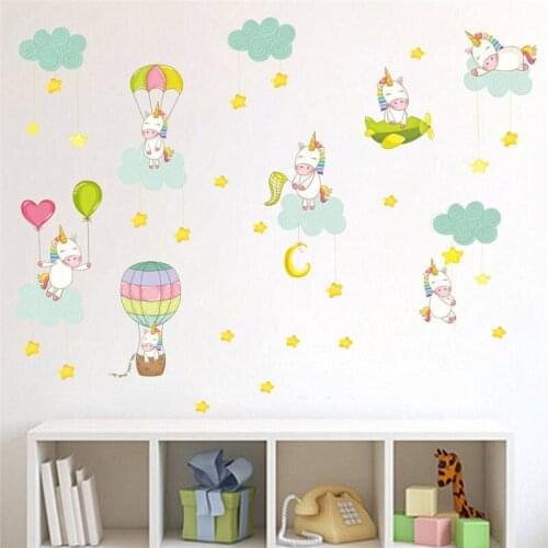 Cartoon Baby Unicorn With Hot Air Balloon Wall Stickers For Girls' Room Home Decoration Diy Animal Mural Art Kids Wall Decals