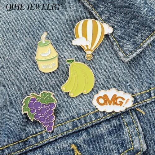 Cartoon Enamel Pins Hot Air Balloon Grape Banana Milk OMG Lapel Pin Fruit Brooches Kawaii Badges Backpack Hat Accessories