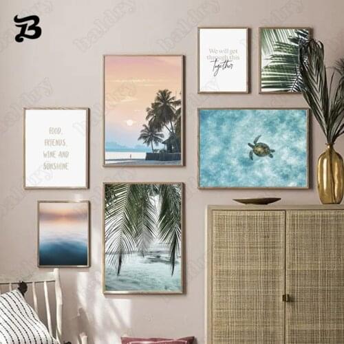 Nordic Landscape Posters and Prints Wall Art Sunset Seascape Palm Leaves Canvas Painting Wall Picture for Living Room Home Deco