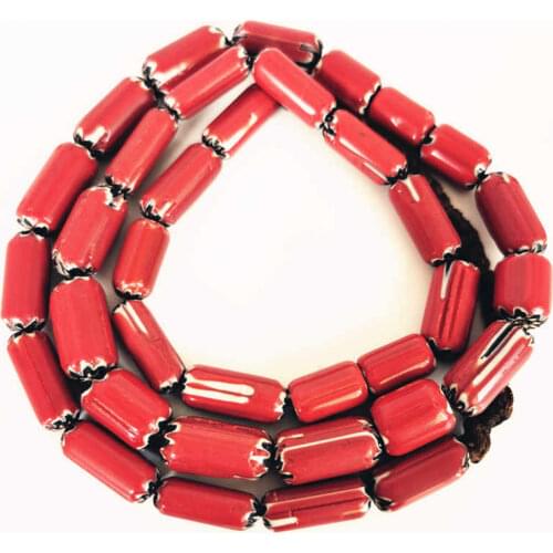 Nepal Hand Antiqued Trade Lampwork Beads Red Barrel Safron Beads Strand Necklace TNL289