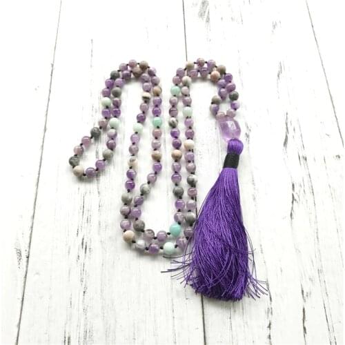 108 Mala Beads Necklace Amethysts & Amazonite Necklace Hand Knotted Necklaces Tassel Necklaces Prayer Meditation Mala Best Gift