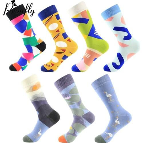 Peonfly Pair 1 Combed Cotton Colorful Geometric Setting Sun Pattern Novelty Funny Casual Happy Socks Men