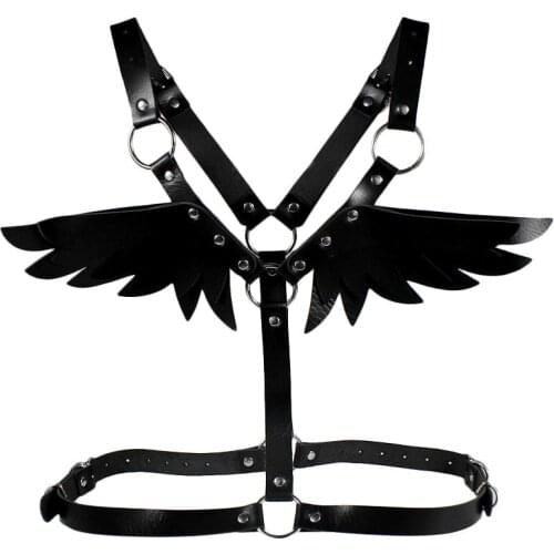 Sexy Womens Lingerie BDSM Erotic costumes Leather Body Harness Angle Wing Black Bondage Fetish Garter Adjustable Rave Party