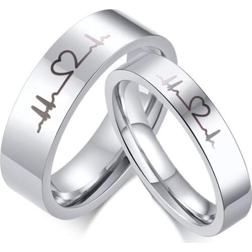 Romantic Heartbeat Couple Promise Rings Silver Color Electrocardiogram Finger Ring for Women Men Wedding Rings Gift