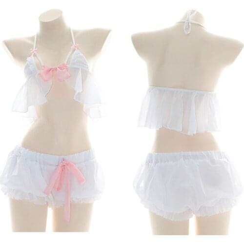 Lolita Girls Chiffon Nightdress Ruffle Sexy Halter Bikini Bowknot Pajamas Anime Cosplay Homewear Bloomers Shorts Underwear Suit