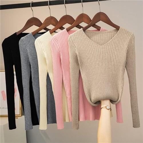 V-neck knitted bottoming shirt womens warm autumn and winter 2021 new Korean fashion soft waxy slim stretch pullover sweater