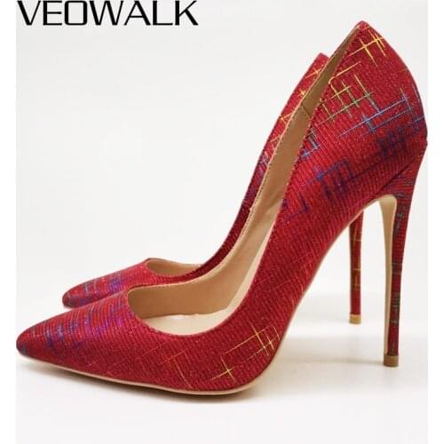 Veowalk Women Red Starry Fabric Pointed Toe Stiletto Pumps 8cm 10cm 12cm Elegant Ladies High Heel Wedding Shoes Plus Size 33-45