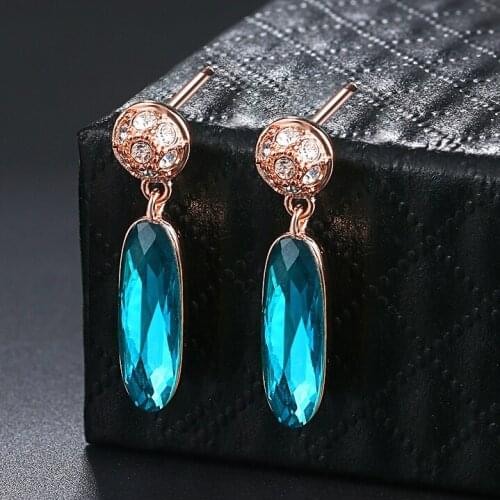 Retro Drop Earrings For Women Classic Design Long Oval Blue Crystal Rose Gold Color Birthday Gift Wholesale Fashion Jewelry E748